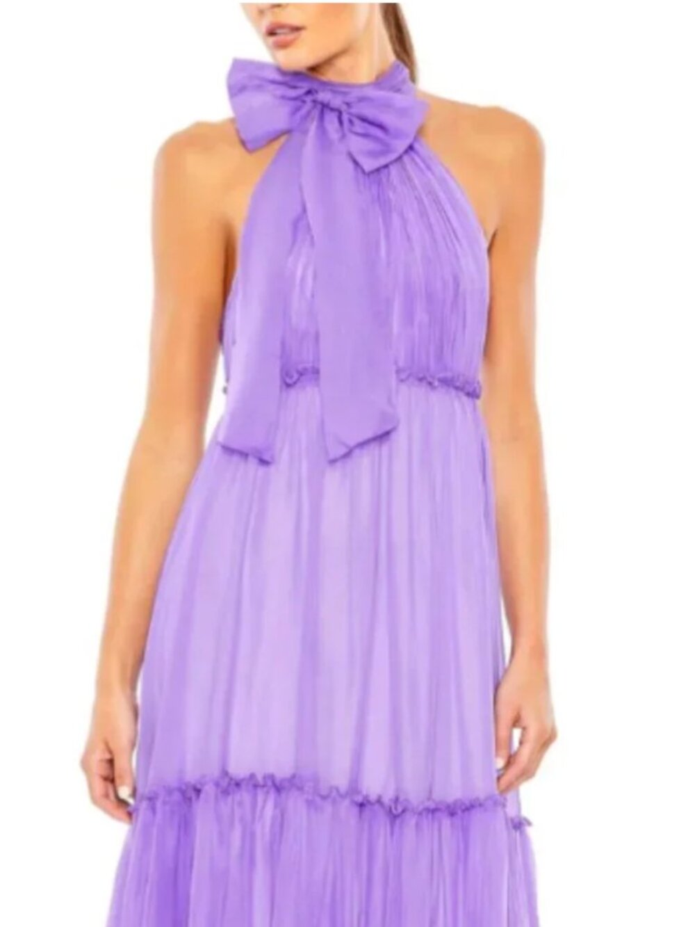 MAC DUGGAL Tie-Neck Tiered Halter Gown